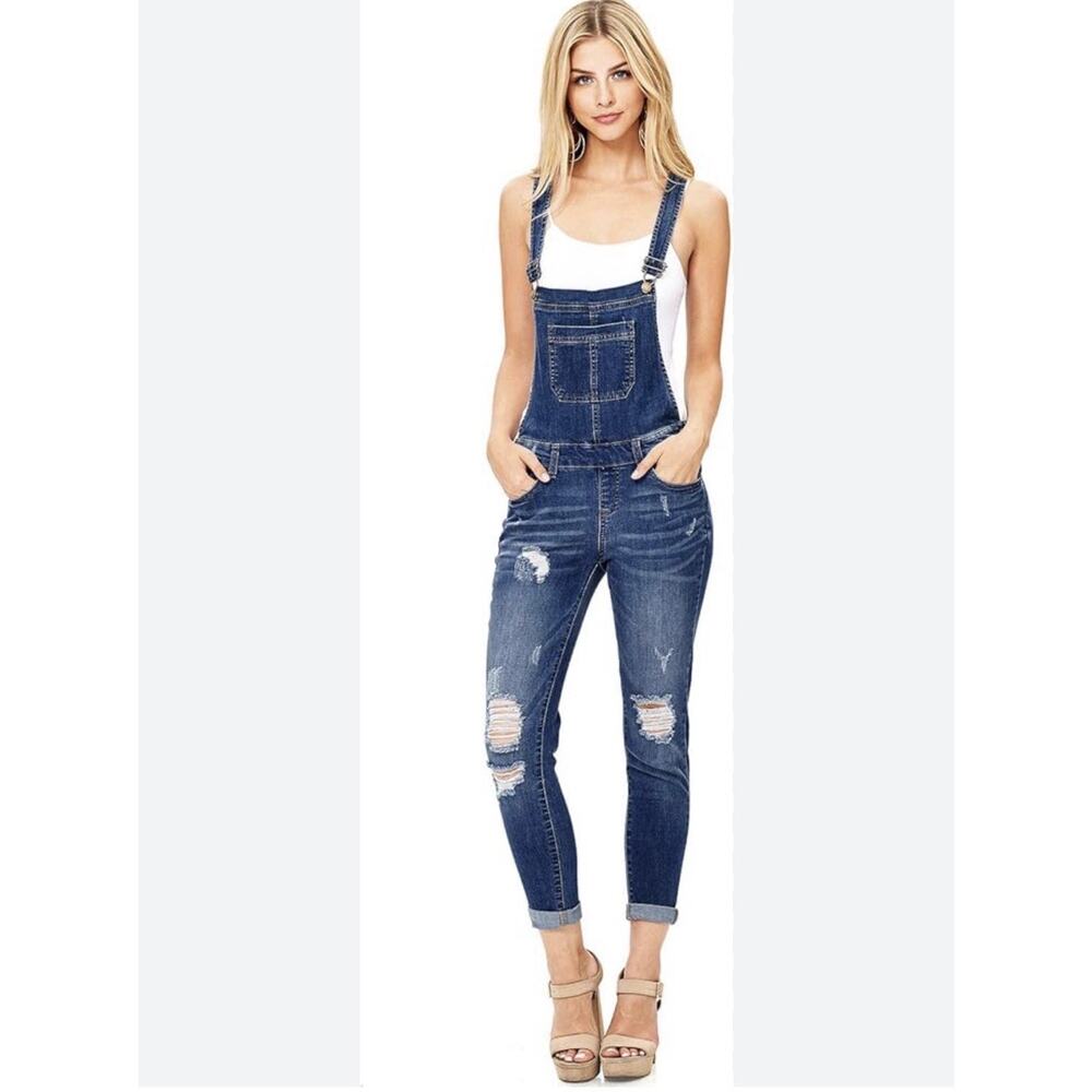 Wax Jean Denim Overalls Womens Small Distressed Skinny Ankle Bib Medium Wash